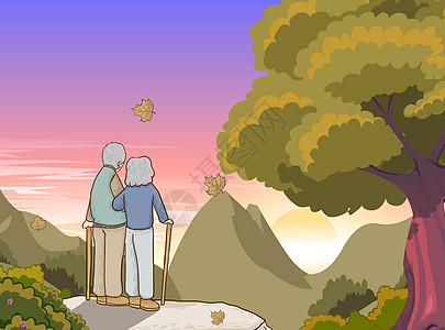 夕阳牵手重阳节两位老夫妻老人登山顶看夕阳手绘插画插画
