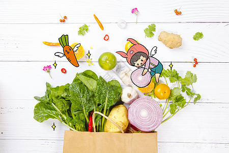 食材健康创意缤纷蔬菜和卡通猪猪插画