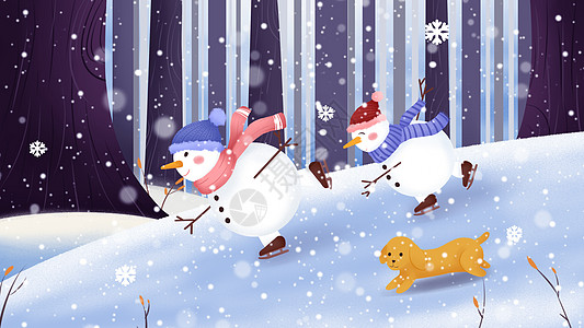 卡通大雪冬日雪人滑雪插画图片