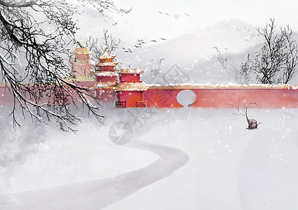 中国风水墨亭台楼阁雪景图片