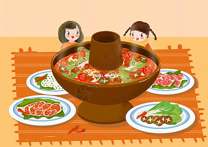 吃蔬菜吃火锅插画