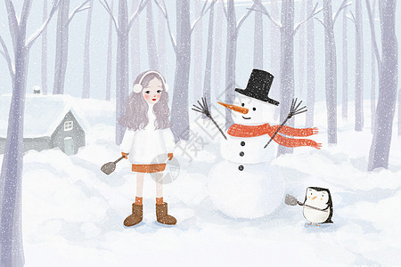 雪中女人堆雪人插画