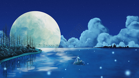 冬季小船海上月明夜插画