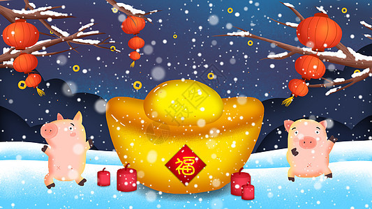 喜庆新年春节猪猪拜年插画背景图片