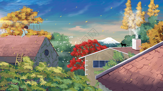 秋天富士山背景插画高清图片