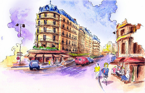 城市街风景水彩手绘图片
