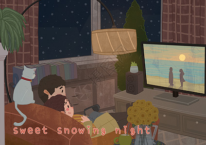 恋人与猫冬季雪夜高清图片