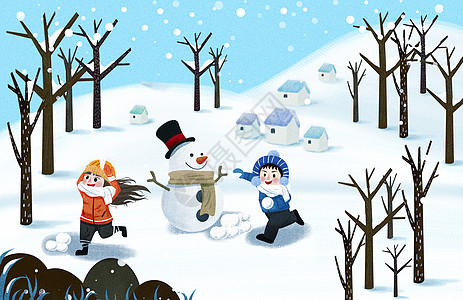 唯美清新冬天雪景雪地玩耍小雪插画图片