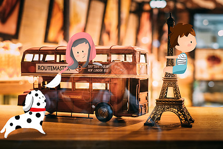 双层巴士巴黎旅行插画