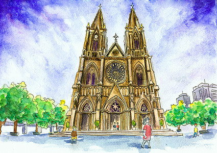 广州石室圣心大教堂水彩插画手绘背景图片