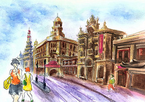上海建筑街景水彩插画手绘图片