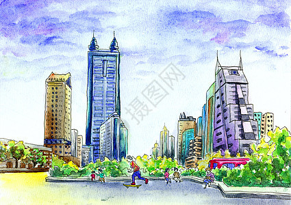 深圳城市建筑街景水彩插画手绘背景图片