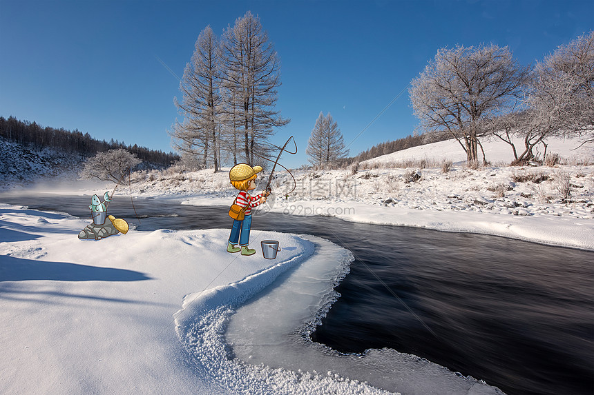 冬季冰河边钓鱼的孩子图片