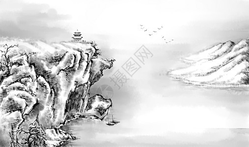 水墨江河插画 水墨江河卡通 水墨江河手绘图片下载 摄图网