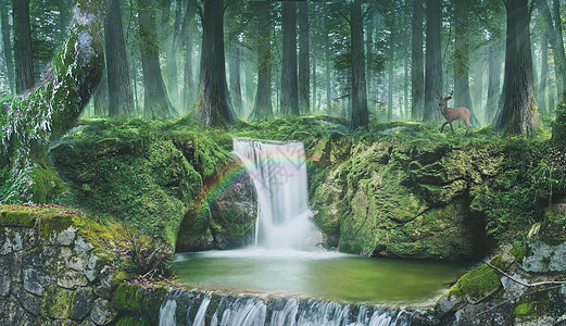 梦幻森林水流绿色鹿高清图片