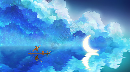 蓝色背景蓝色唯美月亮与渔夫插画