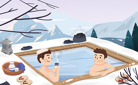 日本车牌冬季泡温泉插画