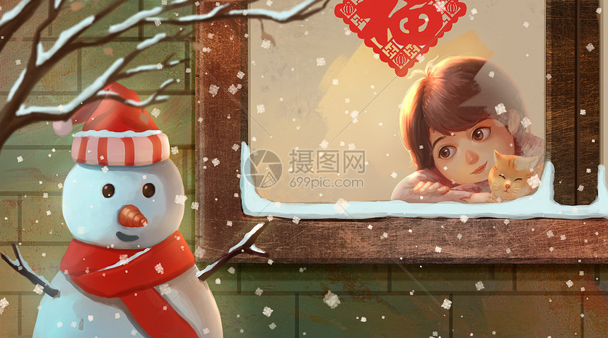 下雪天趴在窗台看雪人的女孩图片