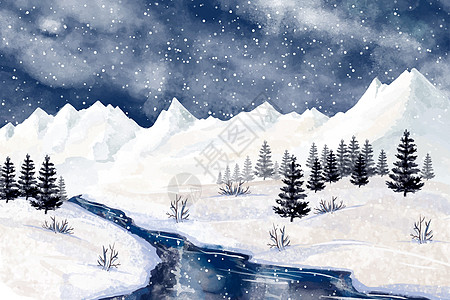 唯美夜色小溪落雪雪景背景图片