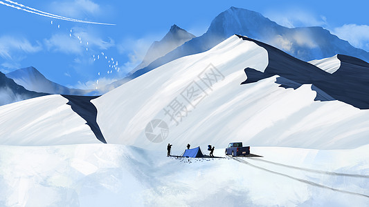 汽车雪雪山旅行插画