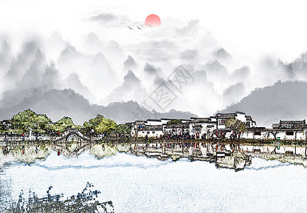 中国风水墨城镇树木高清图片素材