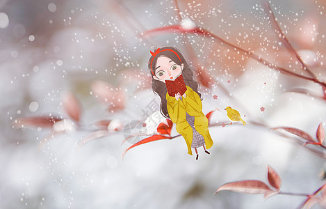 森系少女雪中读书图片