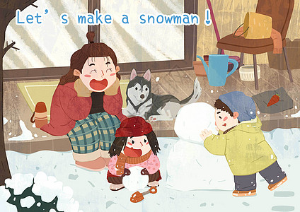 堆雪人吧玩雪的小女孩高清图片