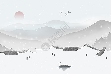 冬季小船山间落雪插画