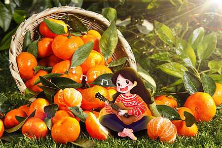 橘子堆里弹琴的女孩背景图片