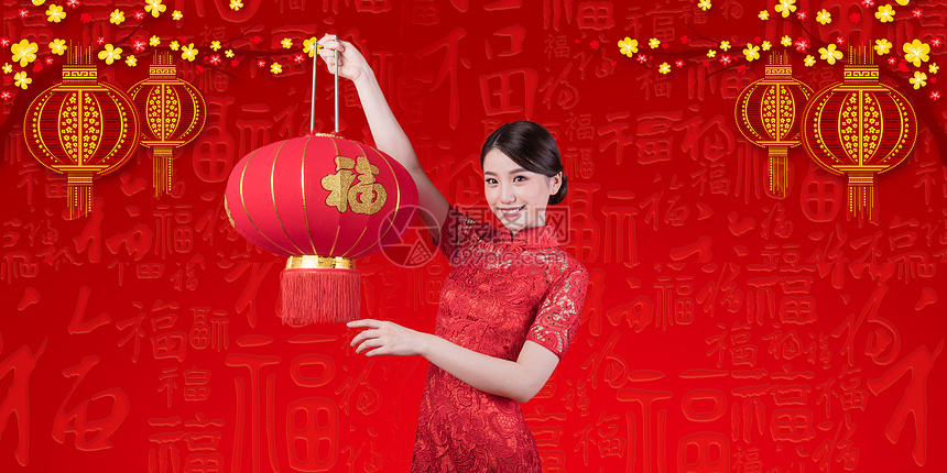 手拿灯笼新年祝福图片