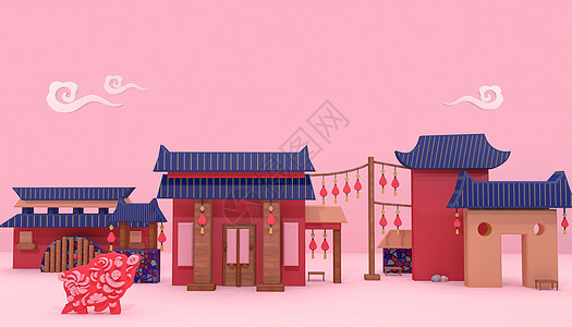 剪纸风中国建筑背景图片