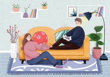 智能生活方式情侣居家生活插画