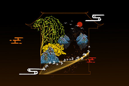 中式春节门楼剪影风景背景图片