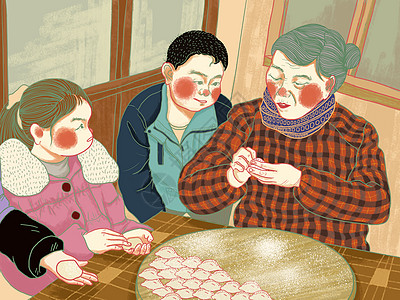 过年包饺子场景中国风插画图片