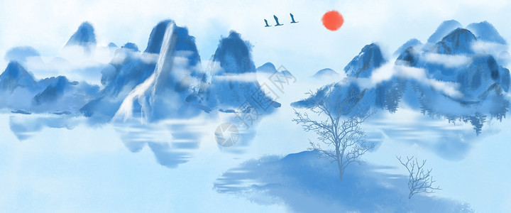 中国风手绘水墨风景山水画背景图片