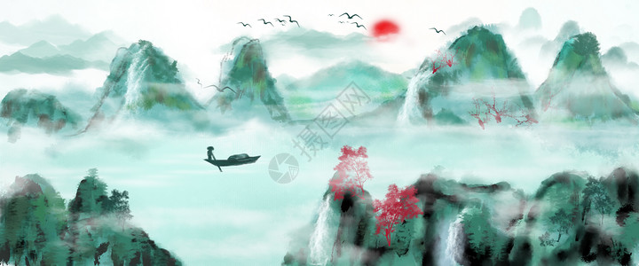 晚山中国风手绘水墨风景山水画插画