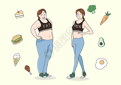 健康饮食胖子和瘦子插画