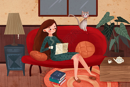 女沙发看书的女孩插画