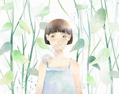 小清新短发少女站立于植物丛水彩手绘插画图片