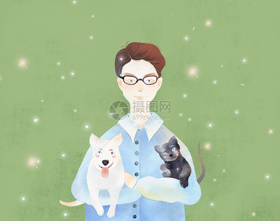 绿色背景小清新男子抱着猫狗手绘插画图片