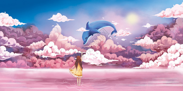 粉色天空下的海豚与少女背景图片