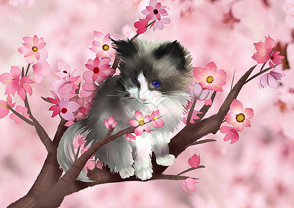 春天可爱动物猫咪手绘图片