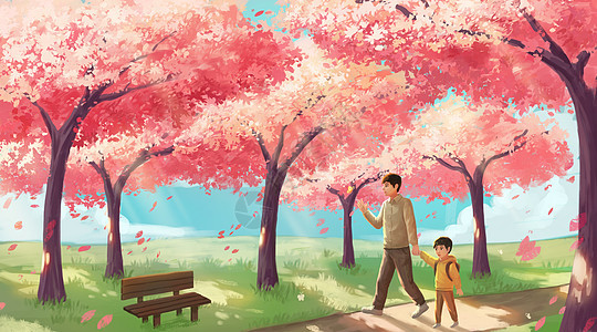 樱花树下漫步的父子图片