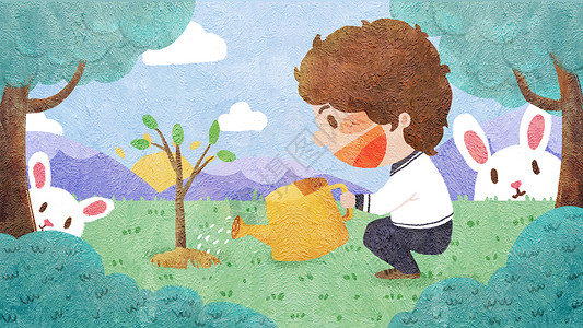 草地上小黑兔植树节男孩栽种小树苗插画插画