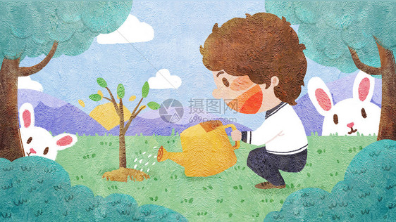 植树节男孩栽种小树苗插画图片