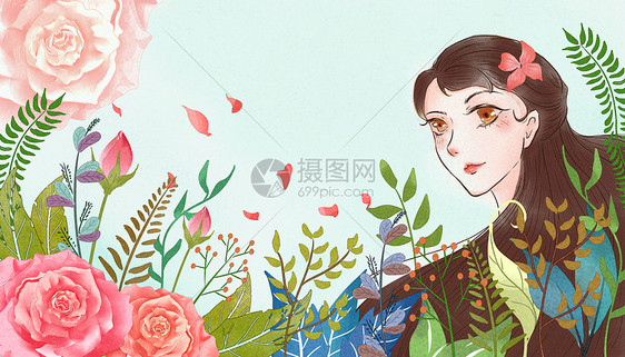 花与少女插画图片