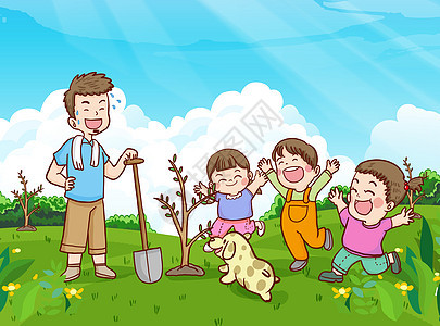 植树节父亲和孩子宠物一起种树图片