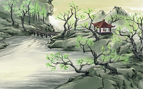 水树林中国风春天插画