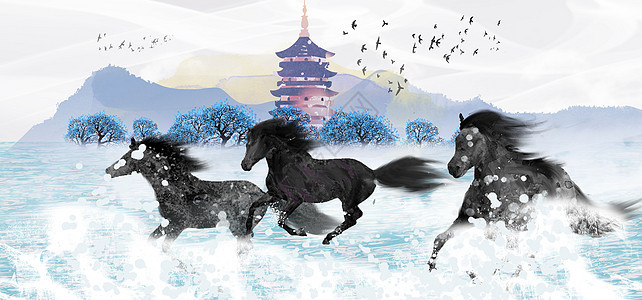 水墨奔腾跑马手绘中国风骏马背景图片