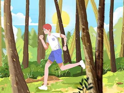 小清新风格早上在森林里跑步锻炼的男生图片